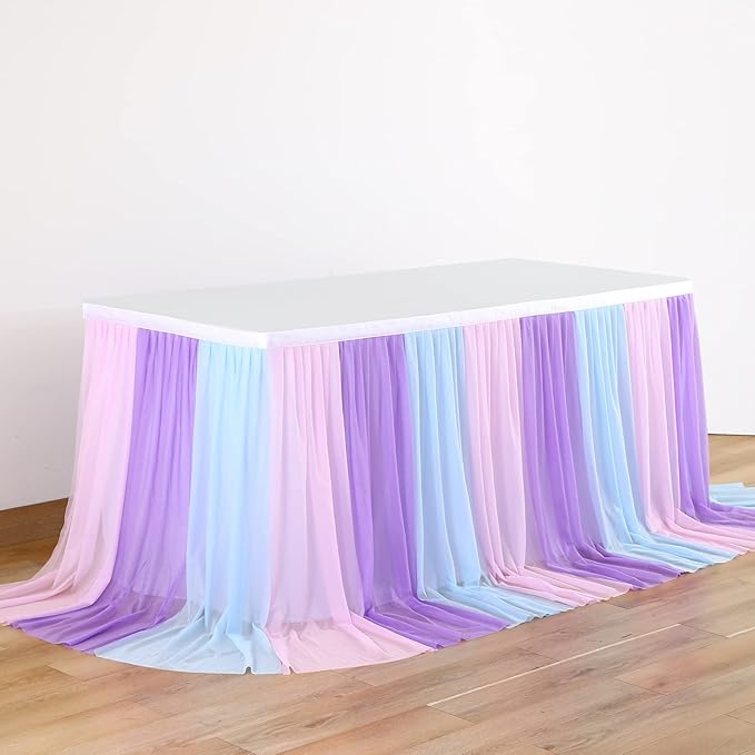 Mermaid Tulle Table Skirt Blue Pink Purple Striped Table Skirts for Rectangle Tables Frozen Baby Shower Mermaid Birthday Parties Decoration 14ft
