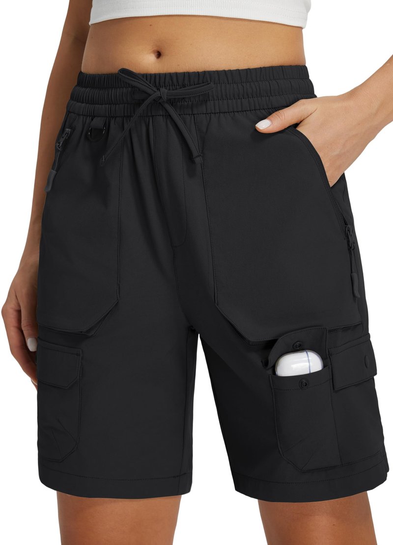 Libin Women's Hiking Long Shorts 7" Quick Dry Cargo Zipper Pockets Water Resistant Bermuda Shorts Lightweight Elastic Waist Loose Fit UPF 50+, Black L