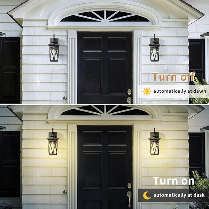 JYZ Dusk to Dawn Outdoor Wall Lantern, Craftsman Style Large Exterior Sconce Light with Water Ripple Glass, Traditional Porch Light Fixture Wall Mount Lamp for Front Porch Doorway Garage Patio Garden