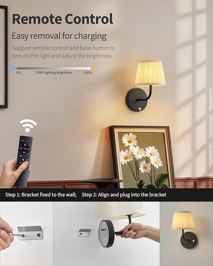 PUSU Motion Sensor Black H9.6 inch Small Wall Sconces Set of 2, LED Cordless