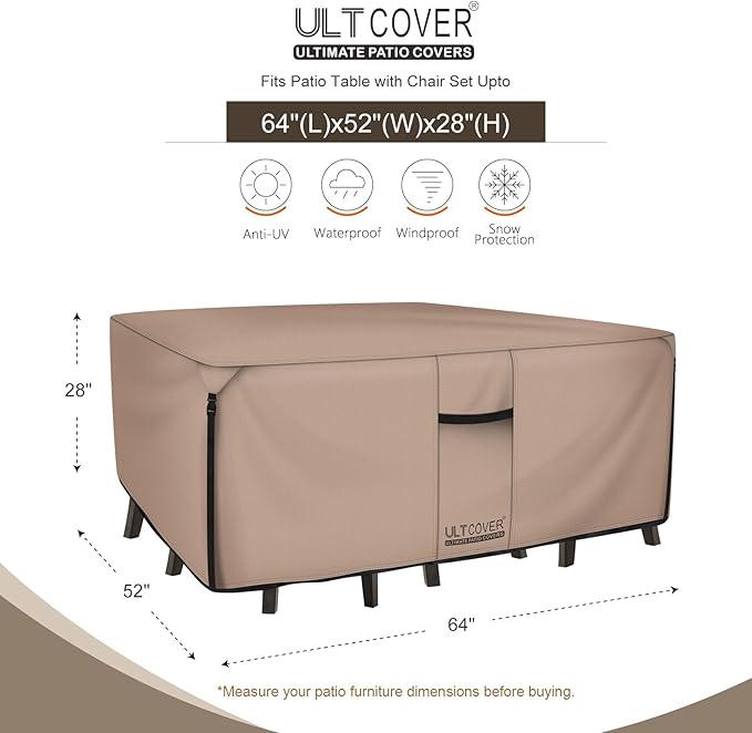 ULTCOVER 600D Tough Canvas Rectangular Patio Furniture Cover - Waterproof Outdoor Table and Chair Covers 64Lx52Wx28H inch
