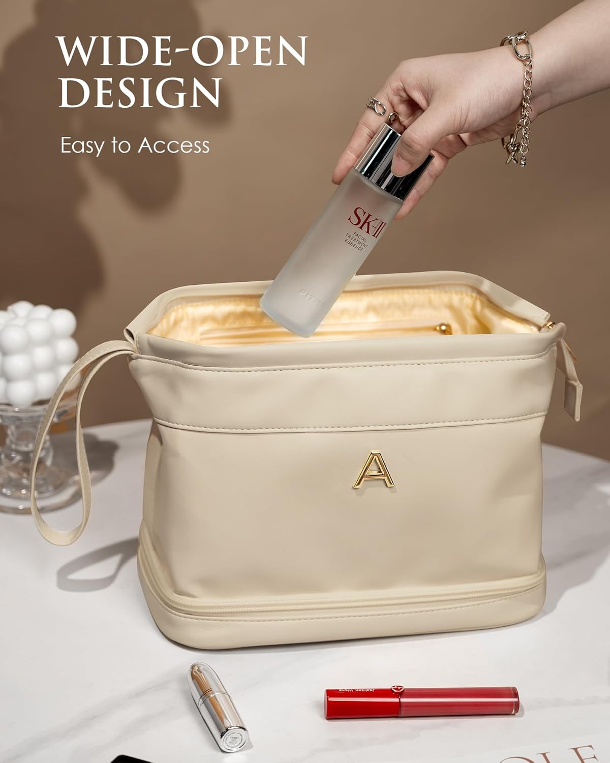 Skiennix Personalized Bridesmaid Proposal Makeup Bag - Double Layer PU Leather with Brush Organizer | Large Capacity Travel Toiletry Bag