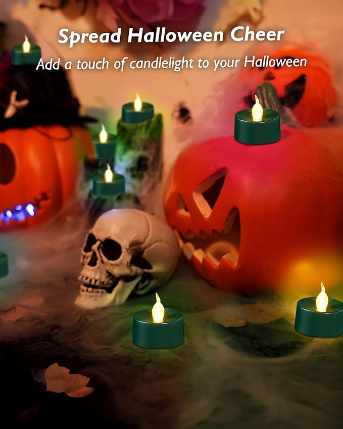 Green LED Candles, 12 Pack Tea Lights Candles Battery Operated, Flameless Tealight Candle, Realistic Tea Lights for Halloween Christmas Party Decor Mardi Gras