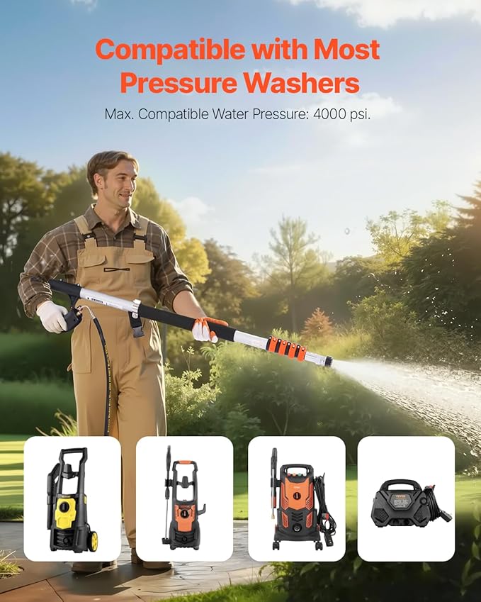VEVOR Pressure Washer Telescoping Wand, 24 ft, 4000 psi, Telescopic Spray Wand with Power Washer Extension Wands, Gutter Cleaner, Brush Head, Pivoting Coupler, 7 Spray Nozzles and Support Harness