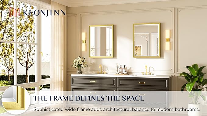 Keonjinn Brushed Gold Bathroom Mirror 24" x 30", Beveled Edge Tempered Glass