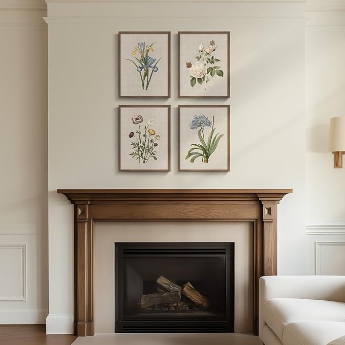 Framed Botanical Floral Wall Art, 4 Piece Vintage Flower Canvas Painting Prints