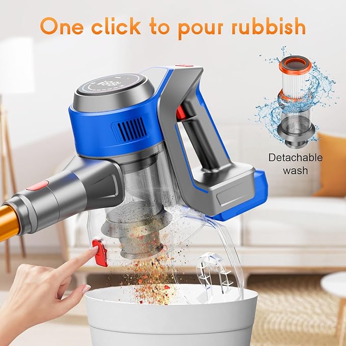 BSNAW Cordless Stick Vacuum Cleaner - Rechargeable, 35Kpa Powerful Vacuums with Detachable Battery, LED Display, 45Mins Runtime, 8 in 1 Handheld Vacuum for Hardfloor & Carpets Pet Hair, Blue-Y