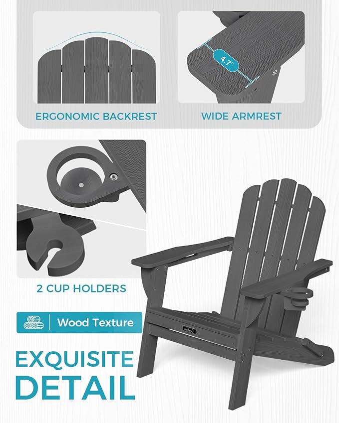 Folding Adirondack Chairs Set of 2,All-Weather HDPE Fire Pit Chair with 2 Cup Holders, Plastic Outdoor Chair for Patio Deck Garden Lawn, Dark Grey