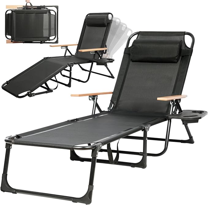 Outdoor Chaise Lounge Chair with 4-Position Adjustable Backrest, Patio Folding Sun Tanning Chair, Pillow & Cup Holder, Portable Recliner Sunbathing Lounger Chairs for Pool Beach Lawn Garden (Black)