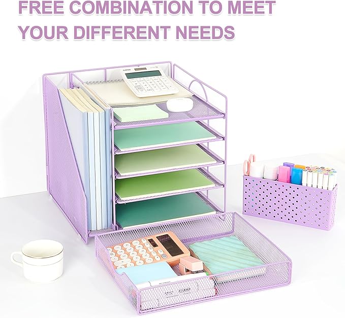 Desk Organizer with Drawer and Pen Holder, 5-Tier Paper Letter Tray Organizer with File Holder, Suitable for Workspace Organizer Office Supplies Storage (Purple)