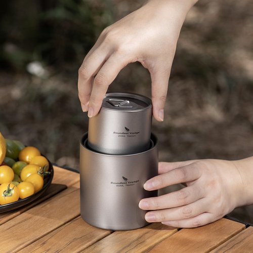 Boundless Voyage Titanium Double Walled Cups Ultralight Stackable Storage Metal Tea Coffee Drinking Mug Durable Portable Cup for Outdoor Camping Daily Use (3 Cups Set)