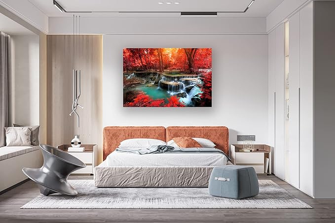 Muolunna BK03969 Wall Art Decor Canvas Print Picture Red Forest Waterfalls 1 Piece Modern Landscape Tree for Living Room Bedroom Kitchen Office Home Decorations Stretched and Framed Ready to Hang