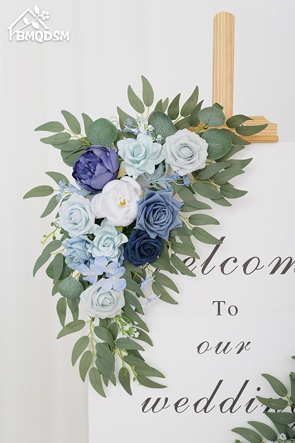 Wedding Welcome Signs Floral(Pack of 2)，Wedding Arch Flowers for Wedding Decorations and Reception Backdrop Decoration（New Blue）