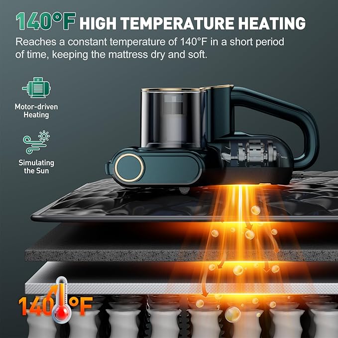 CFBF Mattress Vacuum Cleaner, Bed Vacuum Cleaner with 16Kpa Suction 253.7nm UV-C Light, Ultrasonic & High Heating, 500W Powerful Double-Cup Handheld Vacuums for Bed, Sofa, Couch, Crib, 16.4FT Corded