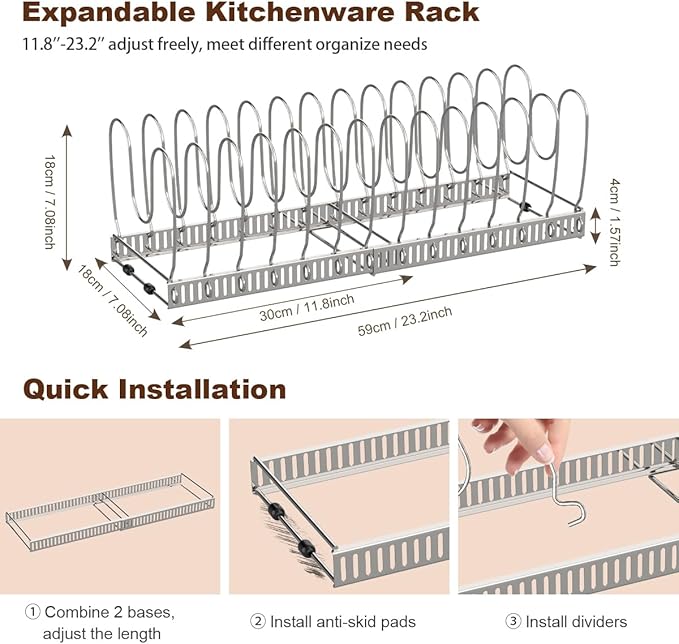 Housolution 2 Pack Pot and Pan Organizer Rack, 12"-23" Expandable Pot Lid Organizer with 14 Adjustable Dividers, Pan Holder Storage Rack for Kitchen Cabinet, Silver