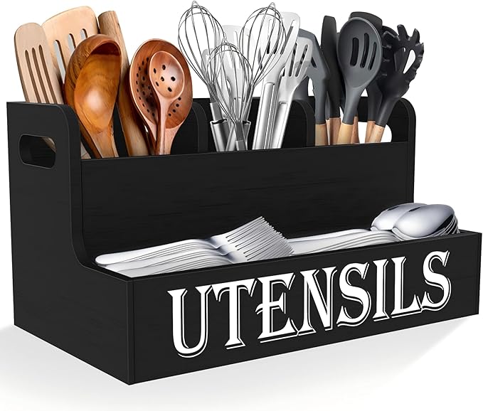 Suli Kitchen Utensils Holder, White Wooden Utensil Organizer for Kitchen Countertop, Farmhouse Utensil Storage, Rustic Cooking Utensils ,4 Compartments,- Black