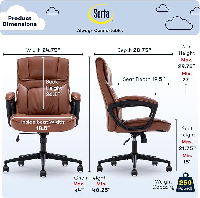 Serta Hannah Executive Home Office Desk Chair, Ergonomic Mid-Back with Lumbar Support, Firm Seat Cushion, Layered Body Pillows, Padded Armrests, Swivel Base, Easy Assembly, Bonded Leather, Cognac