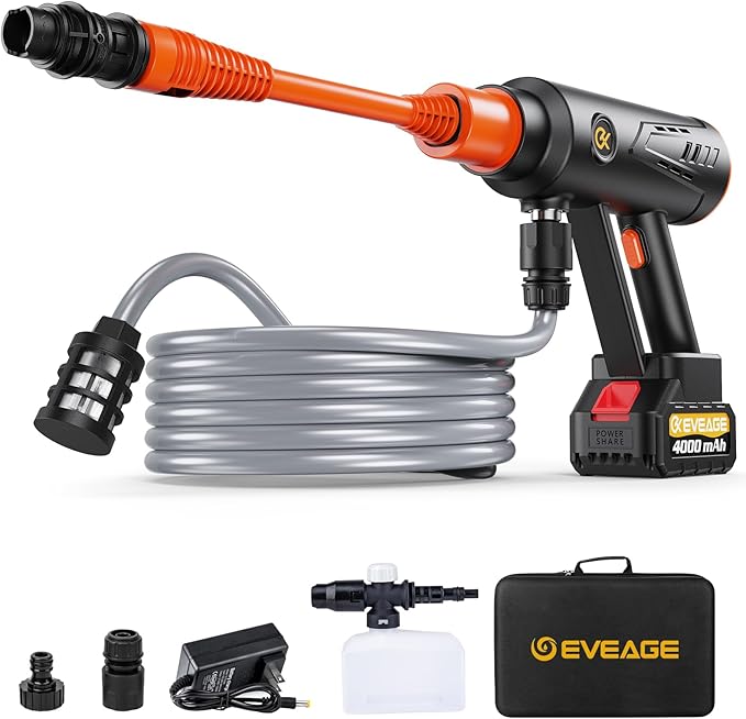 EVEAGE Q7 Cordless Power Pressure Washer, MAX 1000PSI, 2.5GPM Adjustment Portable Power Cleaner, Rechargeable Battery Powered Handheld High-Pressure Washer Gun for Car, Home/Floor Cleaning