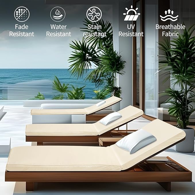 Outdoor Chaise Lounge Cushions for Patio, 72"x22"x3" Lounge Chair Cushions Set of 2, Waterproof Replacement Seat Cushions for Outdoor Furniture