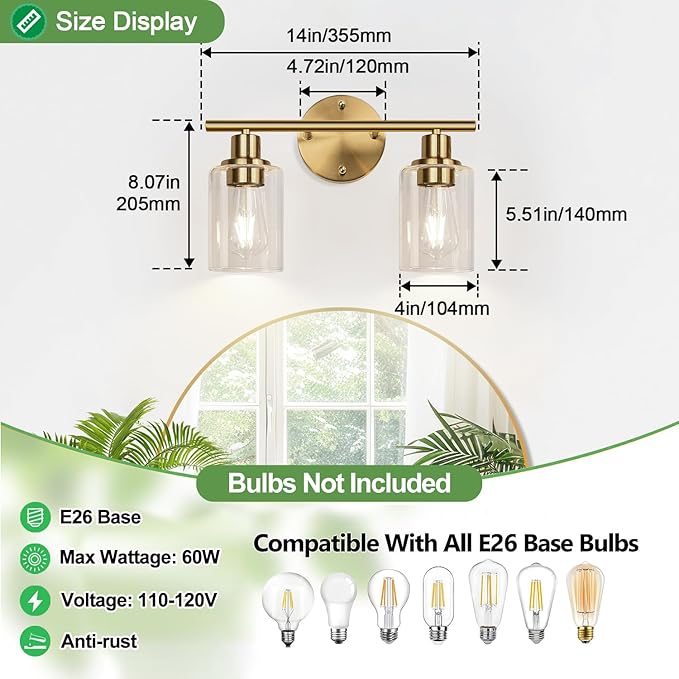 Zarbitta 2-Light Bathroom Light Fixtures, Brushed Gold Vanity Light, Modern