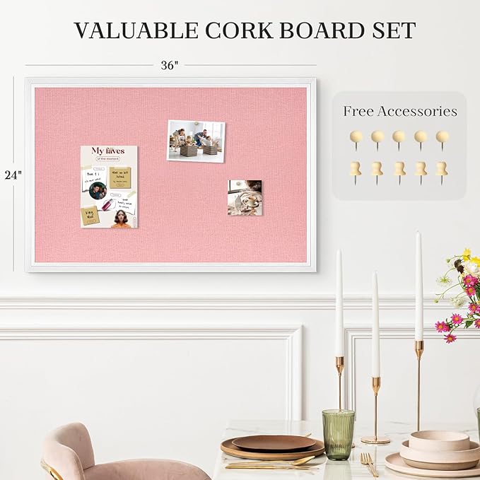 Large Pink Cork Board with Linen, Picture Display Vision Board Corkboards