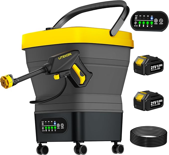 Litekon Portable Cordless Washer, 2x5.0Ah Battery, 4 Adjustable Model with 4.5Gal Tank 10FT Hose, 6-in-1 Nozzle for Car Washer,Patio,Camping