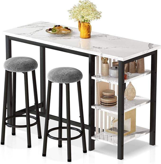 AWQM Bar Table Set with Storage Shelves, 47" Modern White Faux Marble Breakfast Table with 2 Velvet Stools, 3-Piece Dining Set for 2, Space Saving Table for Kitchen/Dining Room/Living Room/Studio