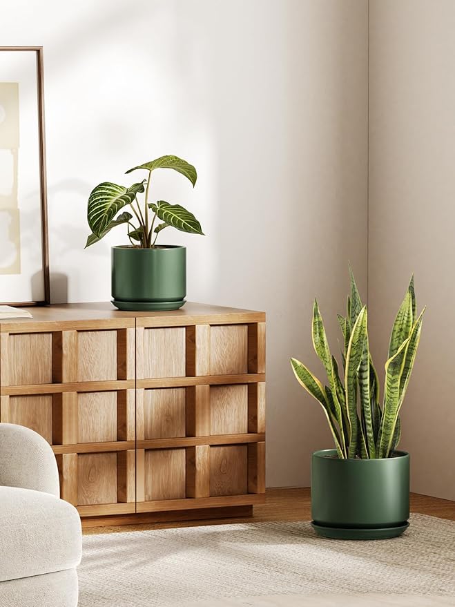 LE TAUCI Ceramic Pots for Plants, Set of 2, 10 + 12 Inch Plant Pot with Drainage Hole and Saucer, Durable & Stylish Planters for Indoor Plants, Elevate Your Home’s Aesthetic, Forest Green