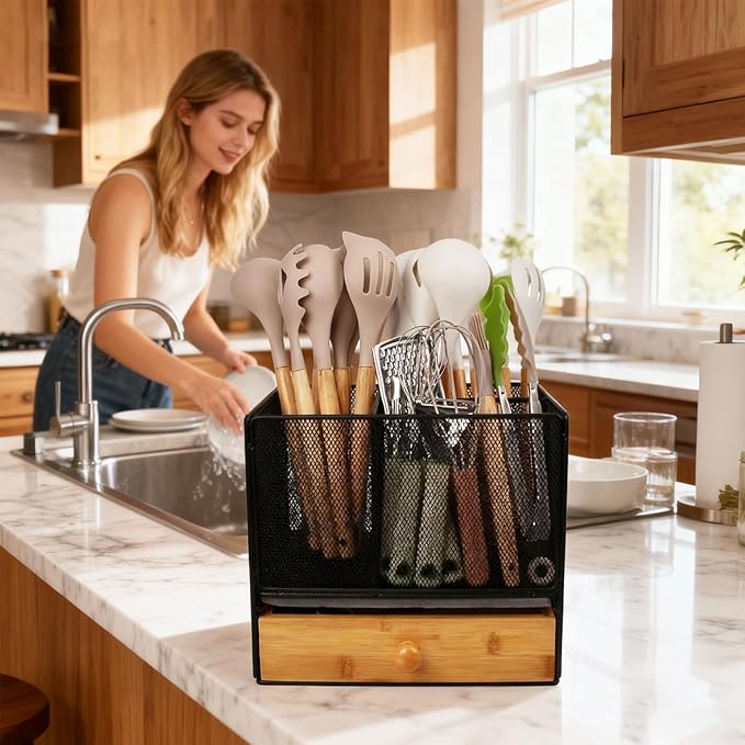 Kitchen Utensil Holder with Drawer, 2-In-1 Large Utensil Holder & Silverware Holder for Counter & Countertop, Kitchen Utensils Organizer for Cookware and Flatware, With Quick Dry Diatomite Pad