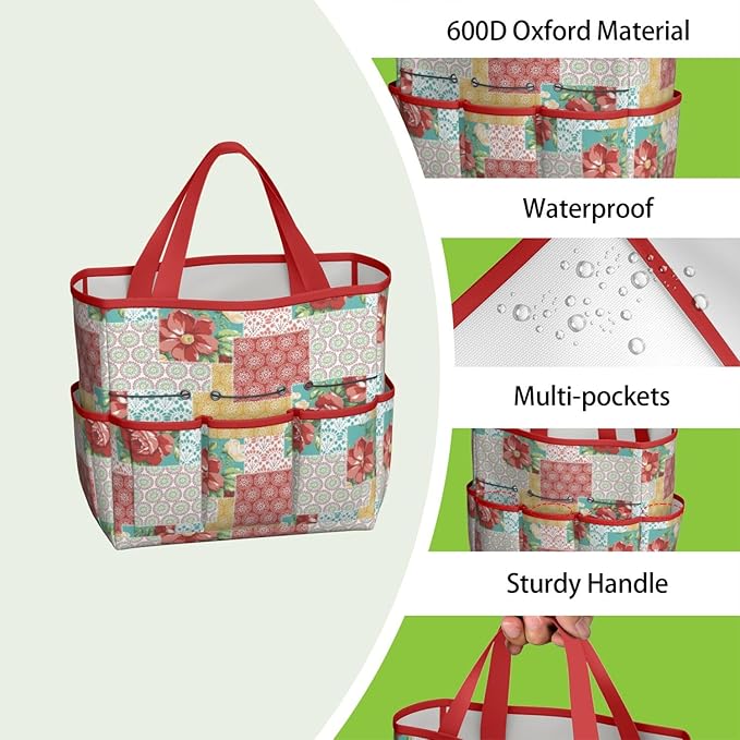 Floral Garden Tool Bag - Waterproof Garden Tote with 8 Pockets, Large Storage Home Organizer Gardening Tool Oxford Bag for Garden Tools Kits Holder, Ideal Outdoor Gardening Gift for Women & Men