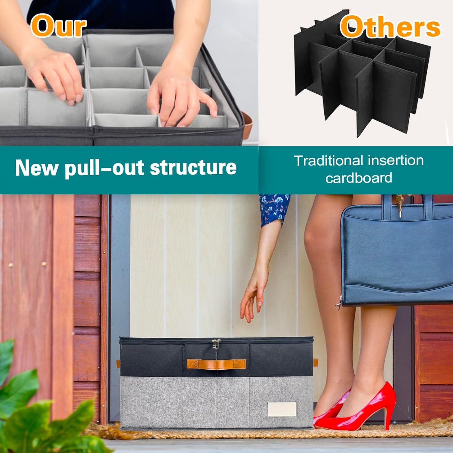 Shoe Organizer for Closet, Foldable Shoe Storage Bins with Clear Cover, Space Saving Shoes Holder with 4 Handles, Large Adjustable Shoe Box Storage Containers, Fits 12-24 Pairs, 1 Pack, Black