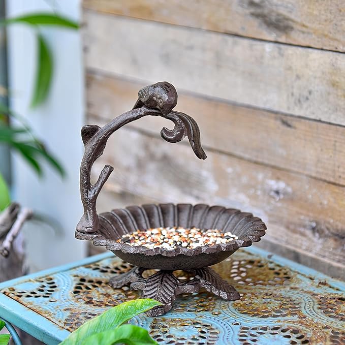 Sungmor Cast Iron Sunflower Birdbath for Outdoors, Vintage Small Fence Post Bird Feeder Bird Seed Tray, 6.1 Inch Patio Table Bird Bath Bowl, Home Garden Lawn Yard Decorations, Rustic Brown