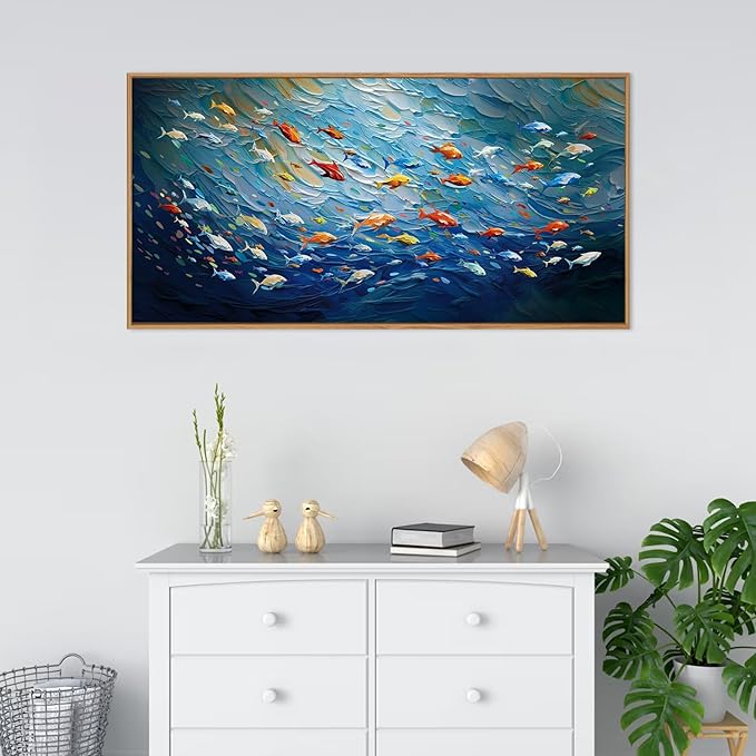 CHDITB Ocean Fish Framed Canvas Wall Art, 20"X40" Large Under The Sea Fishes Oil Painting, Modern Navy Blue Marine Fish Wall Decor, Colorful Fishes Artwork for Living Room Bedroom Office Home Decor