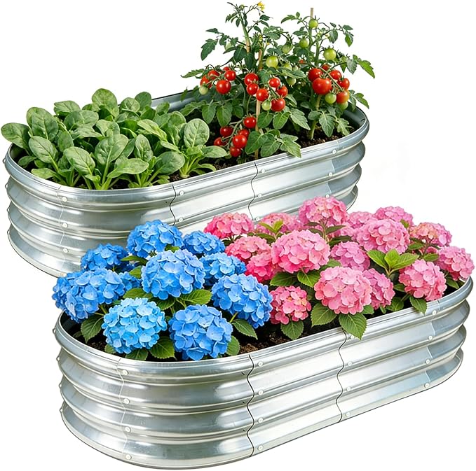 GOOZOO 2PC Galvanized Planter Raised Garden Beds, 4x2x1ft Raised Garden Bed Kit for Gardening Outdoor, Oval Metal Land Planter Box for Vegetables, Fruits, Flowers（Silver）
