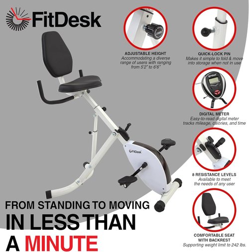 FitDesk Adjustable Exercise Bike Desk - Digital Monitor, 8 Resistance Levels, Foldable, Supports 242 lbs - Ideal for Home & Office