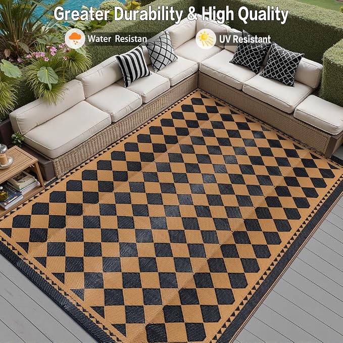HUGEAR Outdoor Waterproof Rug 8'x10' Plastic Straw Rugs Washable Reversible Floor Mat Brown Plaid Carpet for Camping RV Deck Entryance Porch Picnic Balcony Beach Backyard