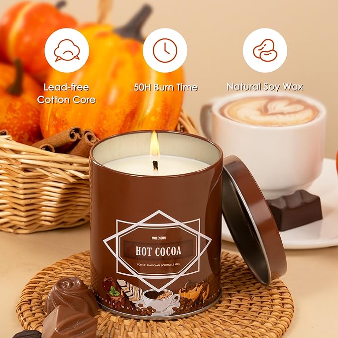 Fall Scented Candle – Hot Cocoa Soy Candle 9oz, 50 Hour Burn, Non-Toxic Autumn Decor, Holiday Gift for Women & Men