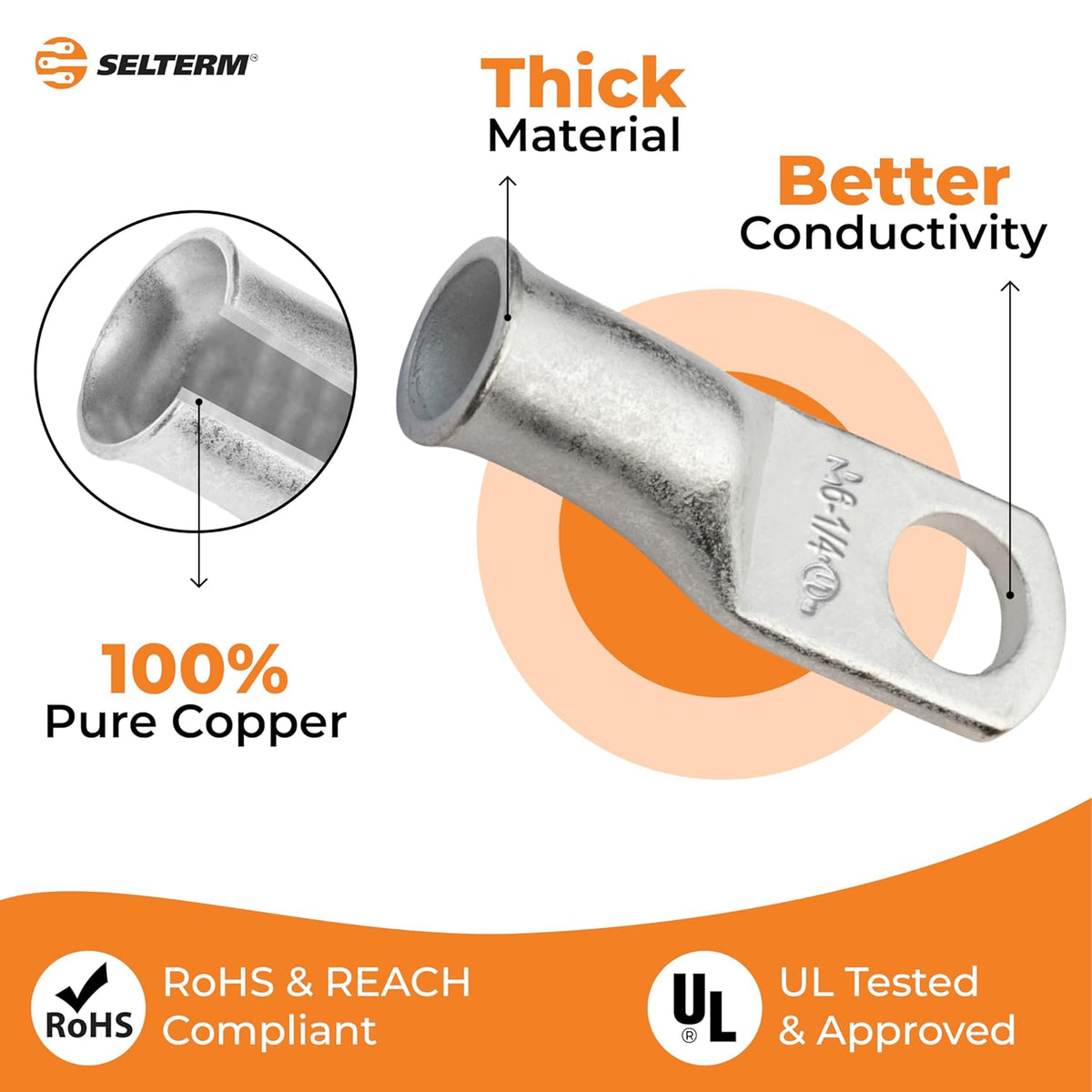 SELTERM 25pcs 6 AWG Marine Grade Tinned Copper Battery Cable Lugs - Durable Ring Terminals for Reliable Connections