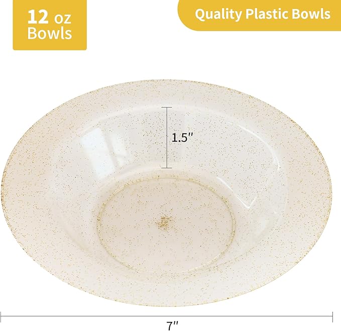 Goodluck 100 Pack Gold Glitter Plastic Bowls, 12oz Disposable Soup Bowls, Heavy Duty Dessert Bowls for Weddings, Parties, Dinners, Catering, Christmas and Everyday Use