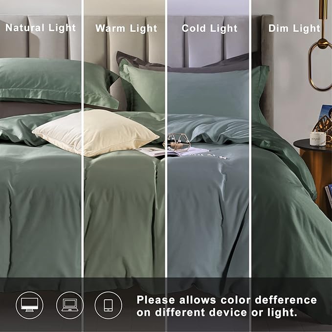 MILDLY 100% Cotton Duvet Cover Set King Size Grey Sage Satin Weave Silky Luxury Comforter Cover Sets Ultra Soft Bedding Set 3PCS (No Comforter)