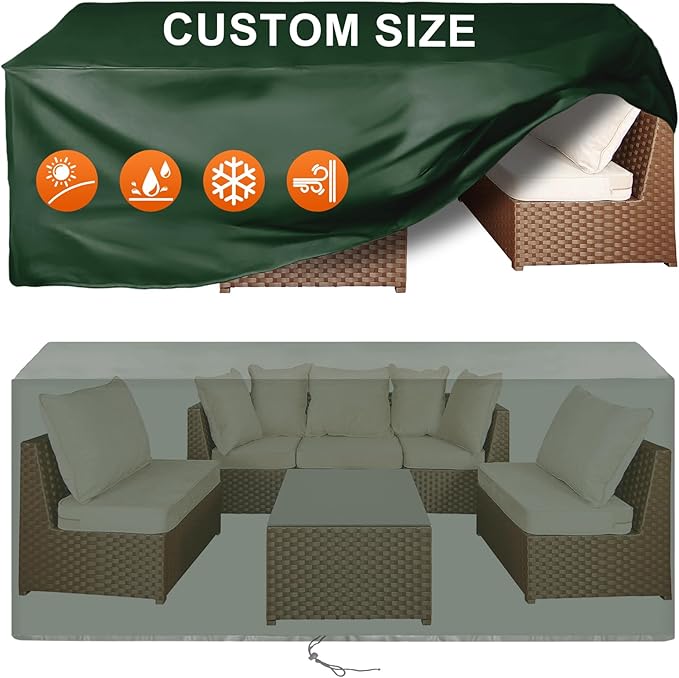 Patio Furniture Cover Rectangle 112"(L) x 56"(W) x 32"(H), Custom Heavy Duty 420D Waterproof Outdoor Cover with Drawstring & Buckles for Table Chair Garden, Green
