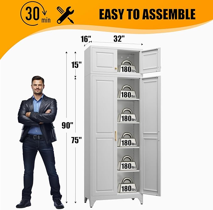 Kitchen Pantry Storage Cabinets, 90" Tall Metal Storage Cabinet with Doors and 4 Shelves, White Pantry Cabinet, Utility Kitchen Cupboard, Large Steel Cabinets for Dining Room, Office, Living Room
