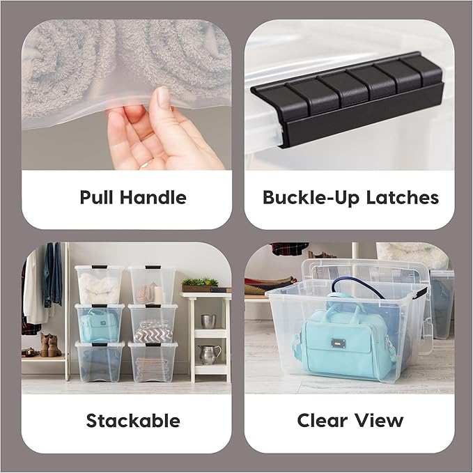 IRIS USA 12 Pack WeatherPro 54 Quart Stackable Storage Tote Bins, Plastic Gasket Box with Tight Latching Lids and Seal, Clear/Black