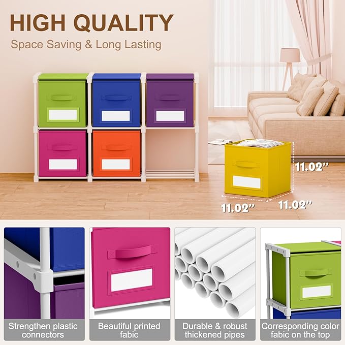 Geelin 6 Sets Cube Storage Organizer Bins with Shelf & Labels 11 Inch, Fabric Collapsible Cubby Toys Clothes Storage Drawer Unit for Daycare Nursery Playroom Bedroom Dorm Organizer (Rainbow)