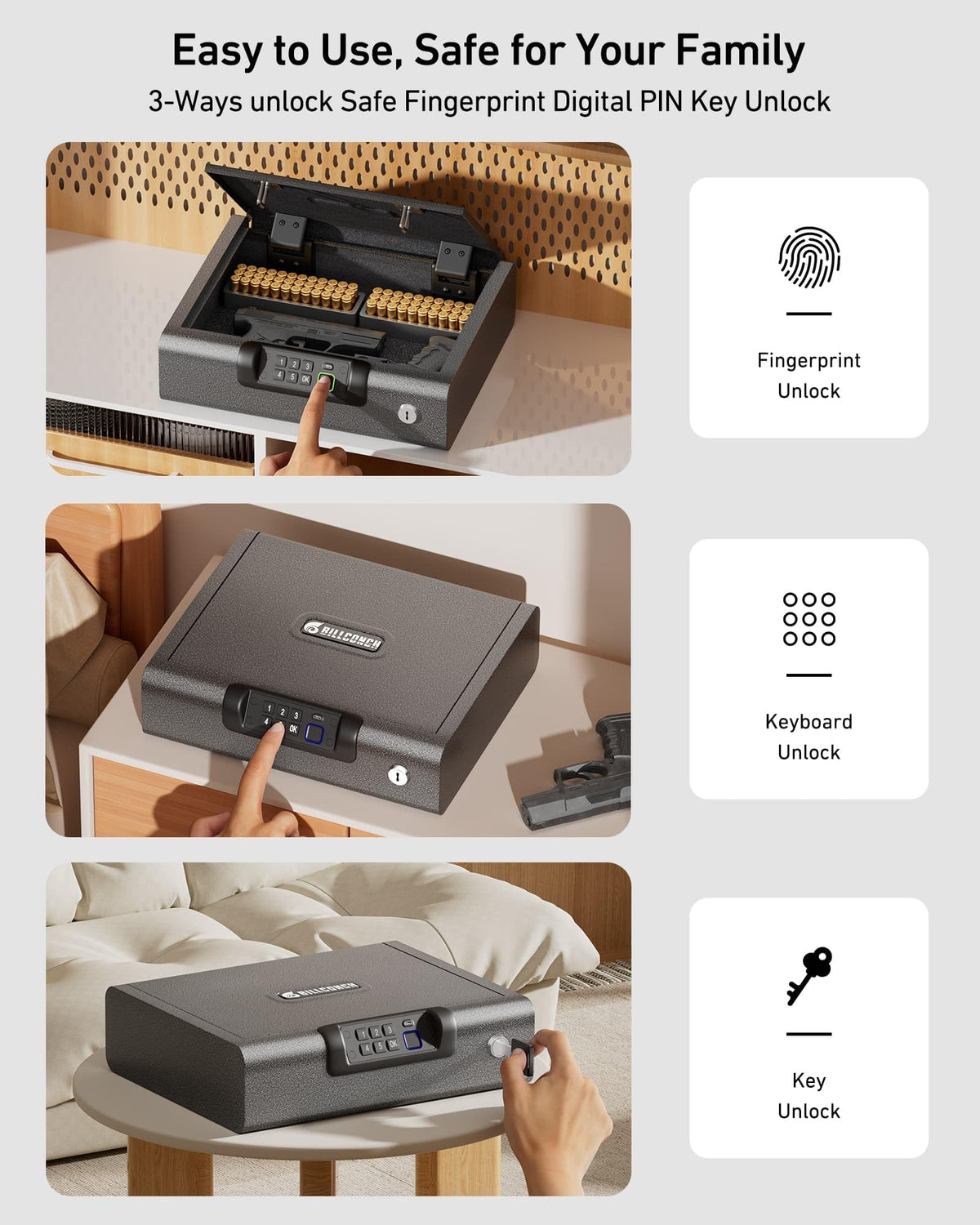 BILLCONCH Gun Safe,Biometric Gun Safe for Pistols, 3 Ways Fingerprint Digital PIN Key Unlock, Smart safe box with Sound,for Cloakroom living room Bedroom Nightstand