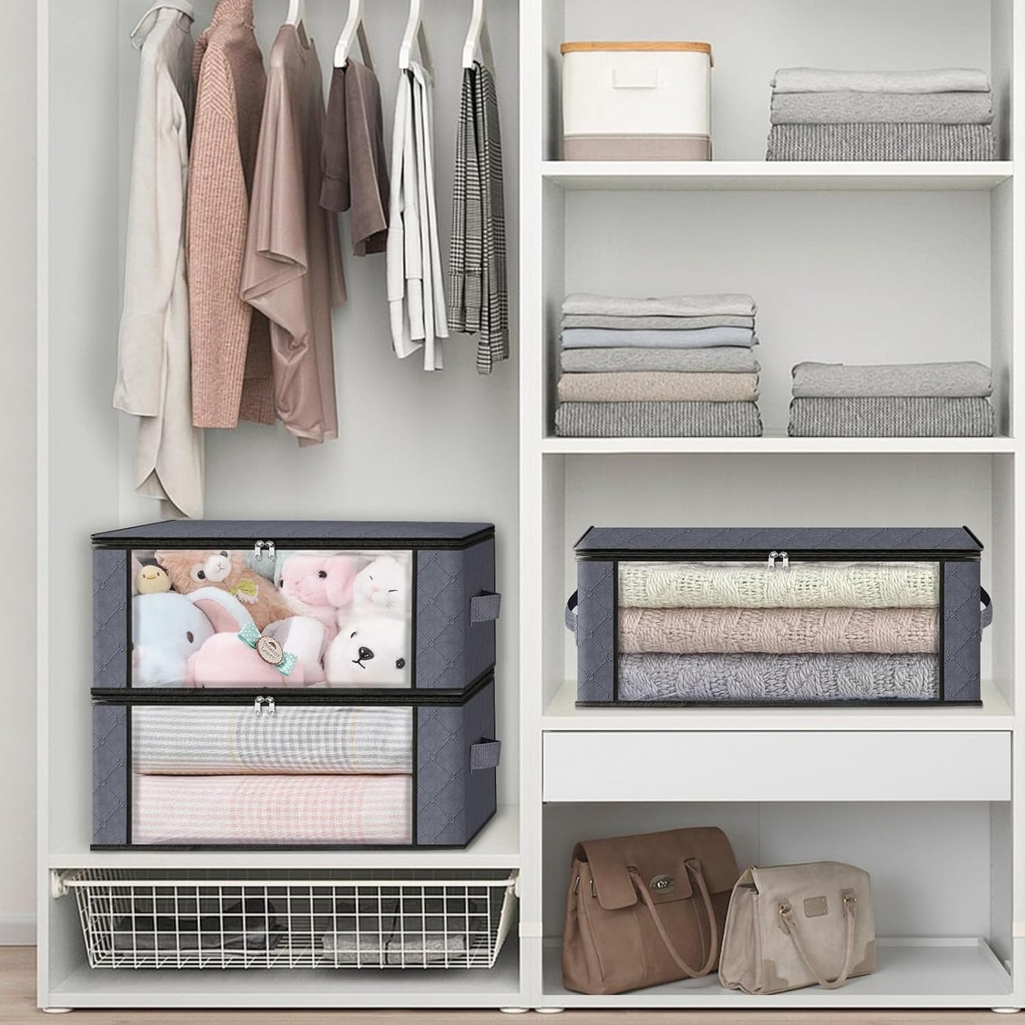 HomeHacks 6-Pack Clothes Organizer Storage Bags Foldable Storage Box with Large Clear Window Sturdy Handles for Closet, Dorm, Pillows, Bedding, Clothes, Stuffed Toys, Blankets, 35L, Grey