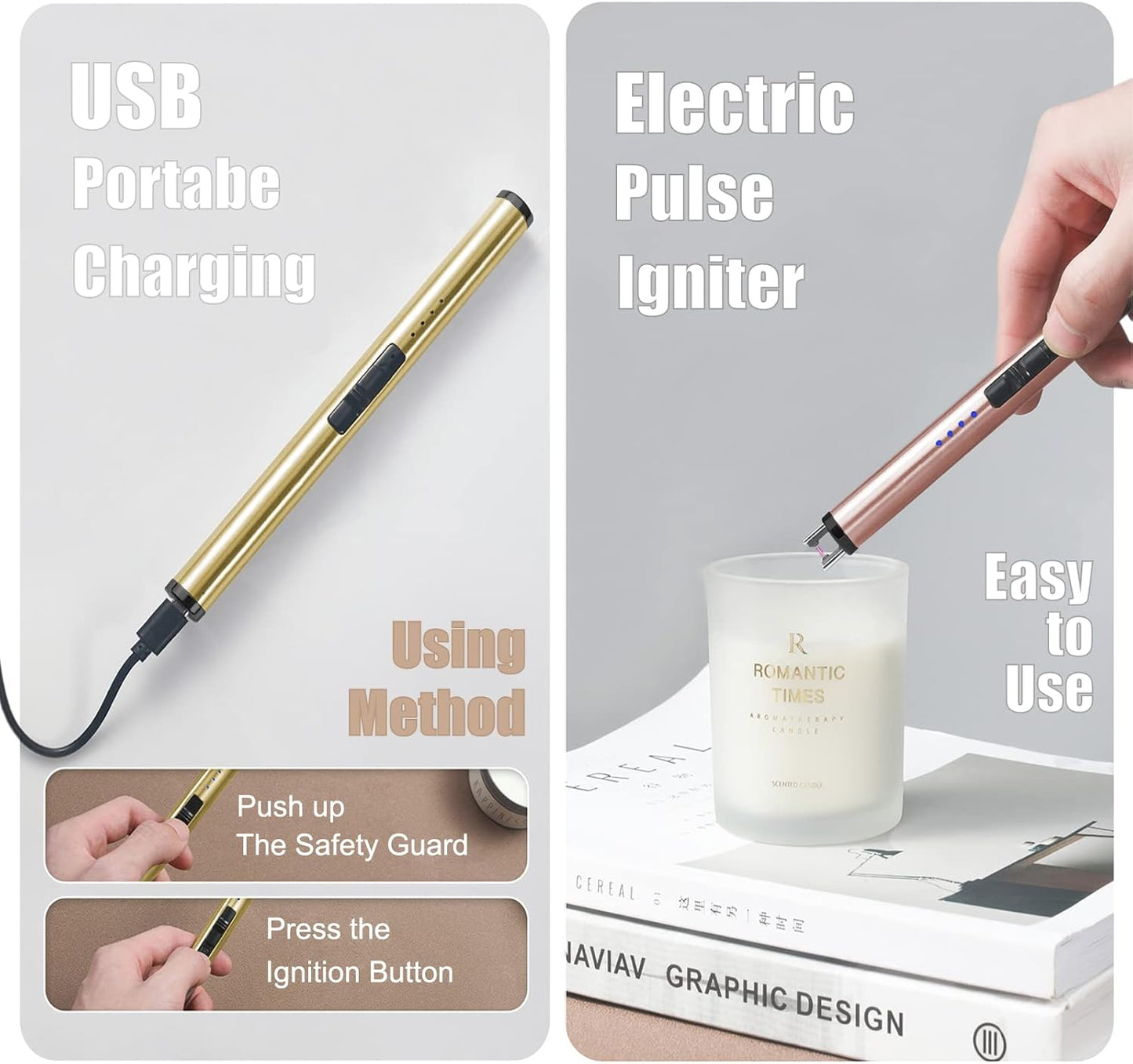 Exquisite Candle Accessories Tool Pack Bag, Rechargeable Electric Lighter， Wick Trimmer, Dipper, Snuffer and Tray Holder Elegant Kit Gift for Candle Lovers in Dating, Valentines Decor. (French Gold)