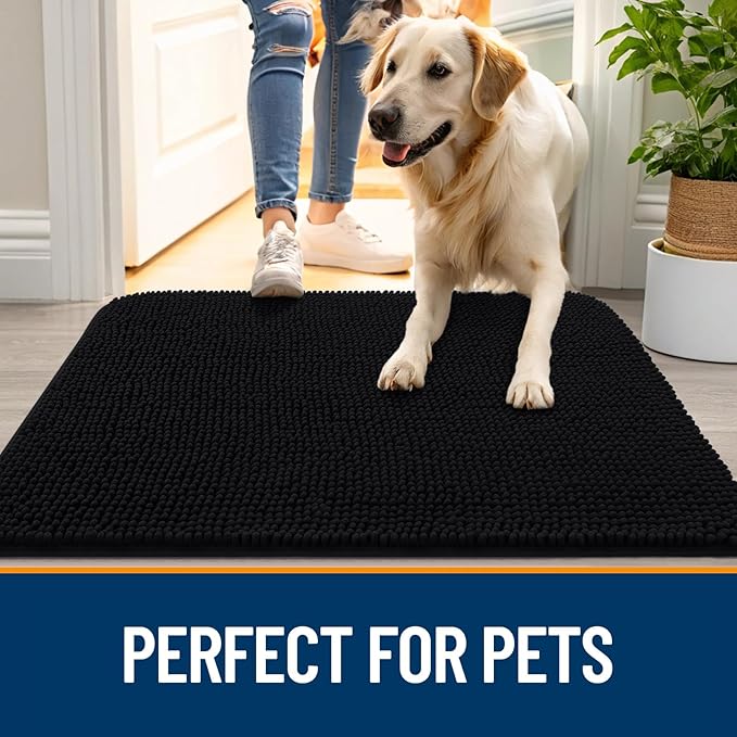 OLANLY Dog Door Mat for Muddy Paws 47x17, Absorbs Moisture and Dirt, Absorbent Non-Slip Washable Doormat, Quick Dry Chenille Mud Mat for Dogs, Entry Indoor Entryway Carpet for Inside Floor, Black