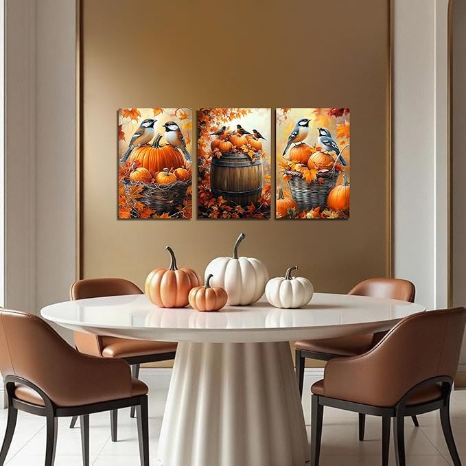 YMXDYMJSW Autumn Wall Art 3 Pieces Pumpkin with Sparrows Picture Prints Fall Harvest Birds Canvas Painting Thanksgiving Theme Artwork for Farmhouse Decor Frame (Yellow,12.00" x 16.00" x 3PCS)