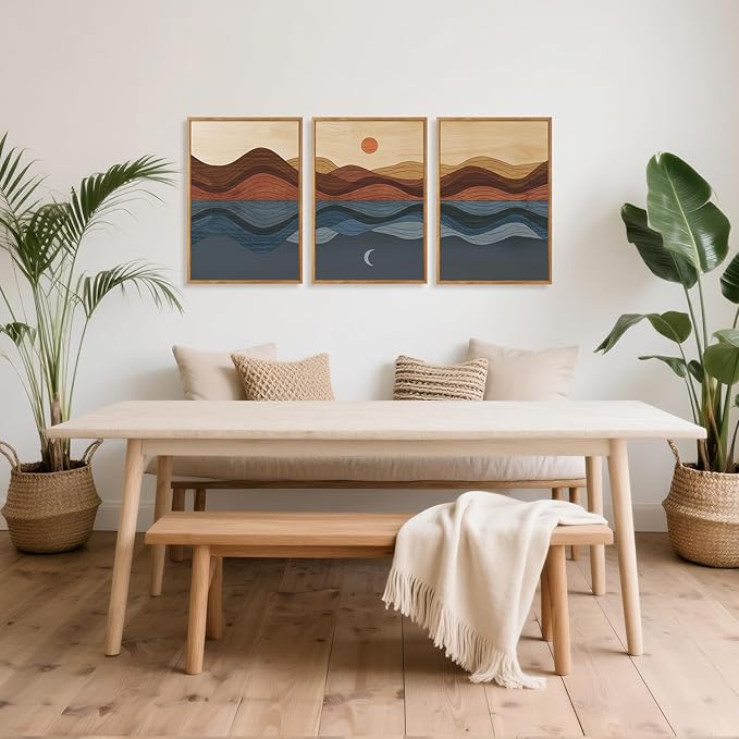 CHDITB Mid Century Modern Framed Canvas Wall Art, Boho Mountain Sun Moon Wall Decor, Abstract Nature Ocean Landscape Artwork, Minimalist Geometric Wave Posters for Living Room Bedroom Office 16"x24"x3
